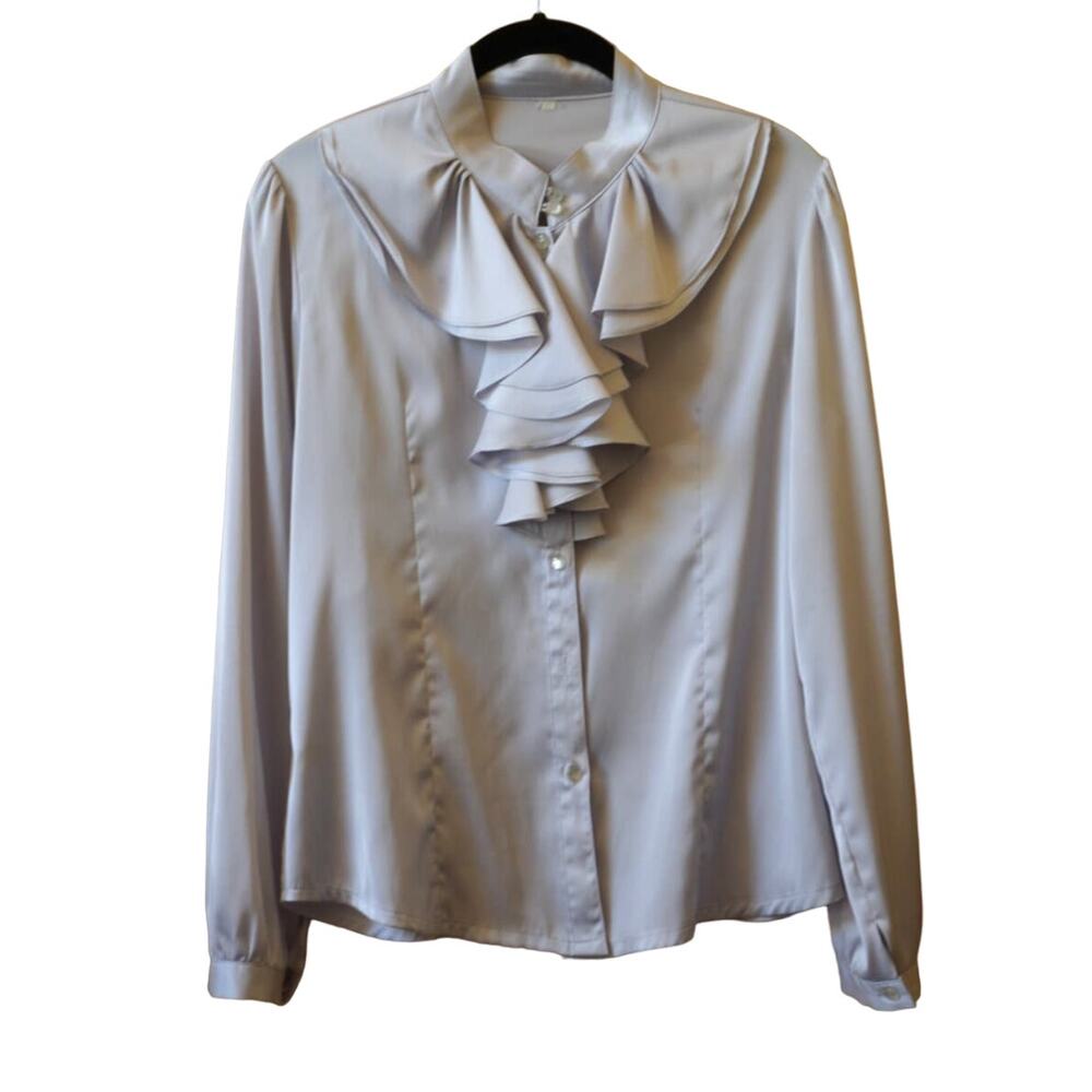 Ruffled Satin Long Sleeve Button Blouse Womens Top Gray Silver Large 8